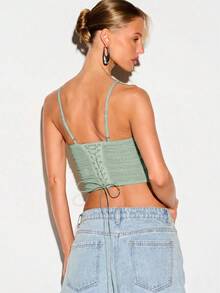 KIZN Ruched Mesh Insert Corset Crop Top With Lace-Up Back And Spaghetti Straps For Summer Nights - Blue - View 2