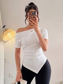 SHEIN 女款夏季短袖不對稱單肩抓皺針織提花布料T恤，時尚優雅白色 - 白色 - 查看 1