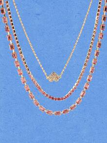 Popjeli Sweet And Cool Multi-Layer Pink Diamond Love Necklace, Retro Chain Stacked With Heavy Industry Collarbone Chain Y2K Spice Girl Accessories - love - View 4