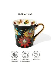 Frida Kahlo X SHEIN 風格墨西哥花卉陶瓷馬克杯 11.83oz/350ml，黑色咖啡杯，彩色花朵印花，亮面光澤，適合藝術愛好者、居家、辦公室與送禮 - 黑色 - 查看 3