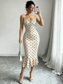 Elenzga New Autumn Colorful Sexy Pattern Print French Style Elegant Elegant Beautiful Unique Cinched Waist Bodycon Ruffle Hem Drawstring Design Comfortable Spaghetti Strap Dress - Apricot - View 4