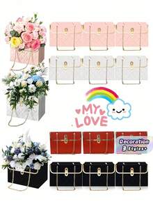 12Pcs Rose Flower Paper Gift Handbags With Metal Chain, Durable Floral Bouquet Tote Packaging Boxes For Fresh & Preserved Flowers, Ideal Gift Bags For Wedding, Birthday, Valentine's Day, Easter & Holiday Party - Multicolor - View 1