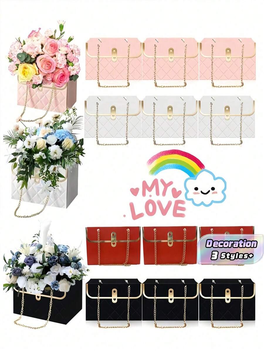 12Pcs Rose Flower Paper Gift Handbags With Metal Chain, Durable Floral Bouquet Tote Packaging Boxes For Fresh & Preserved Flowers, Ideal Gift Bags For Wedding, Birthday, Valentine's Day, Easter & Holiday Party - Multicolor - View 1