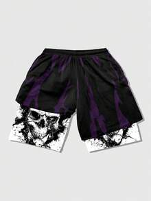 ROMWE MEN Goth 男士深色動漫骷髏騎士印花 2 合 1 短褲 - 彩色 - 查看 2