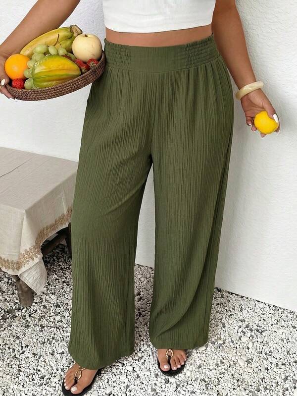 SHEIN Frenchy Women's Plus Size Olive Green Wide-Leg Pants,Elastic Waist Loose Casual Trousers For Sommar Holiday,Smart Casual Bohemian Style Solid Color Bottoms
