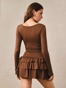 Hourtrue New Solid Color Slim Fit Elegant Long Sleeve Nightgown, High-Quality Sleepwear For Women, Autumn/Winter - Brown - View 2
