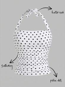 SHEIN Girlism 青少年女孩背心與細肩帶上衣 春夏新款 針織白色波點印花 無肩帶抓皺彈性蝴蝶結抹胸上衣 百搭 日常 多功能 休閒度假 - 白色 - 查看 3