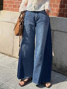 FRIFUL Celana Jeans Denim Wanita Kasual Serbaguna untuk Pemakaian Sehari-hari, Potongan Lebar, dengan Saku dan Kancing - Biru - View 4