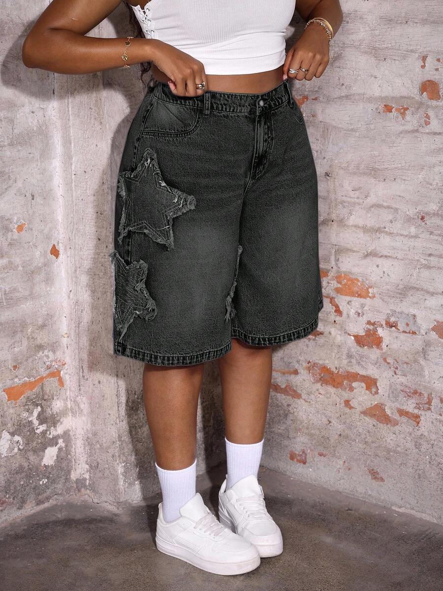Slaydiva Pantalones cortos vaqueros sueltos y casuales de talla grande con estampado de estrellas, azul - Negro - Ver 1