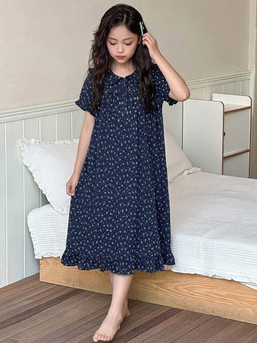 DAZY Gaun Lengan Panjang Berkerah Ruffle Motif Lembut & Nyaman untuk Anak Perempuan Remaja, Pakaian Santai Kasual - Navy Blue - View 1
