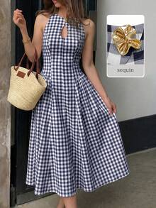 Modelyn 女款春夏黃色編織格紋紋理水滴領金屬鈕扣收腰A字優雅浪漫中長洋裝 - 藏蓝色 - 查看 7