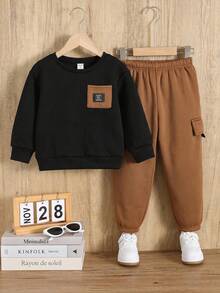 SHEIN Young Boy Autumn/Winter Casual Sweatshirt & Sweatpants Set - Multicolor - View 3