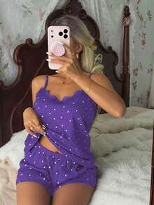 CottageSlumber Women's Knit Ribbed Heart Print Contrast Lace Trim Romantic Sweet Cute Sexy Camisole & Shorts Pajama Set - Violet Purple - View 4