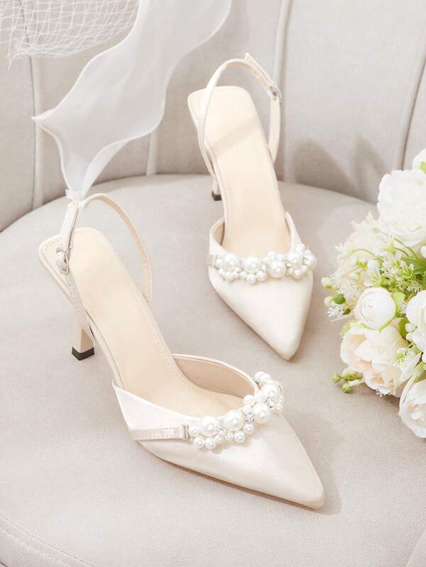 CUCCOO HITCHD Women Shoes Apricot Satin Pearl Slingback Kitten High Heels Elegant Pointed Toe Bridal Wedding Party Rhinestone Rear Lifting Belt Sweet Dress Vacation