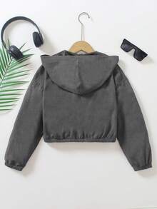SHEIN 青少年女孩時尚前拉鍊長袖口袋夾克 - 綠色 - 查看 2