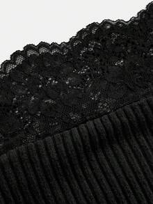 SHEIN 兒童青少年女孩春/秋季新款色羅紋針織蕾絲拼接露肩修身休閒長袖基礎內搭上衣，返校季 - 黑色 - 查看 5