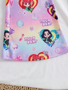 女童可愛圖案印花短袖T恤與喇叭褲套裝 - 紫色 - 查看 7