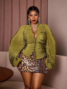 Maweii Plus Size Long Sleeve French Ruffle Bell Sleeve Youthful Elegant Blouse - Green - View 1