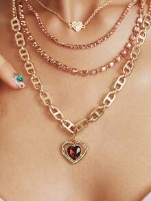 Popjeli Sweet And Cool Multi-Layer Pink Diamond Love Necklace, Retro Chain Stacked With Heavy Industry Collarbone Chain Y2K Spice Girl Accessories - love - View 5
