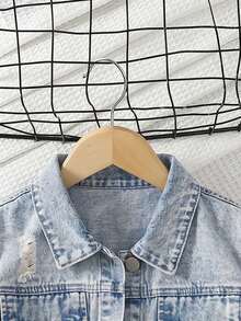 SHEIN Tween Girls Denim Jackets Coats Autumn Winter Vintage Streetwear Casual Light Blue Washed Distressed Fitted Short Jacket Soft Fabric School Holiday - Light Wash - View 5