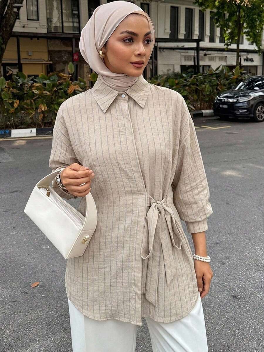 DAZY 女款條紋腰綁帶休閒百搭日常外出襯衫長袖秋季 - 杏色 - 查看 1