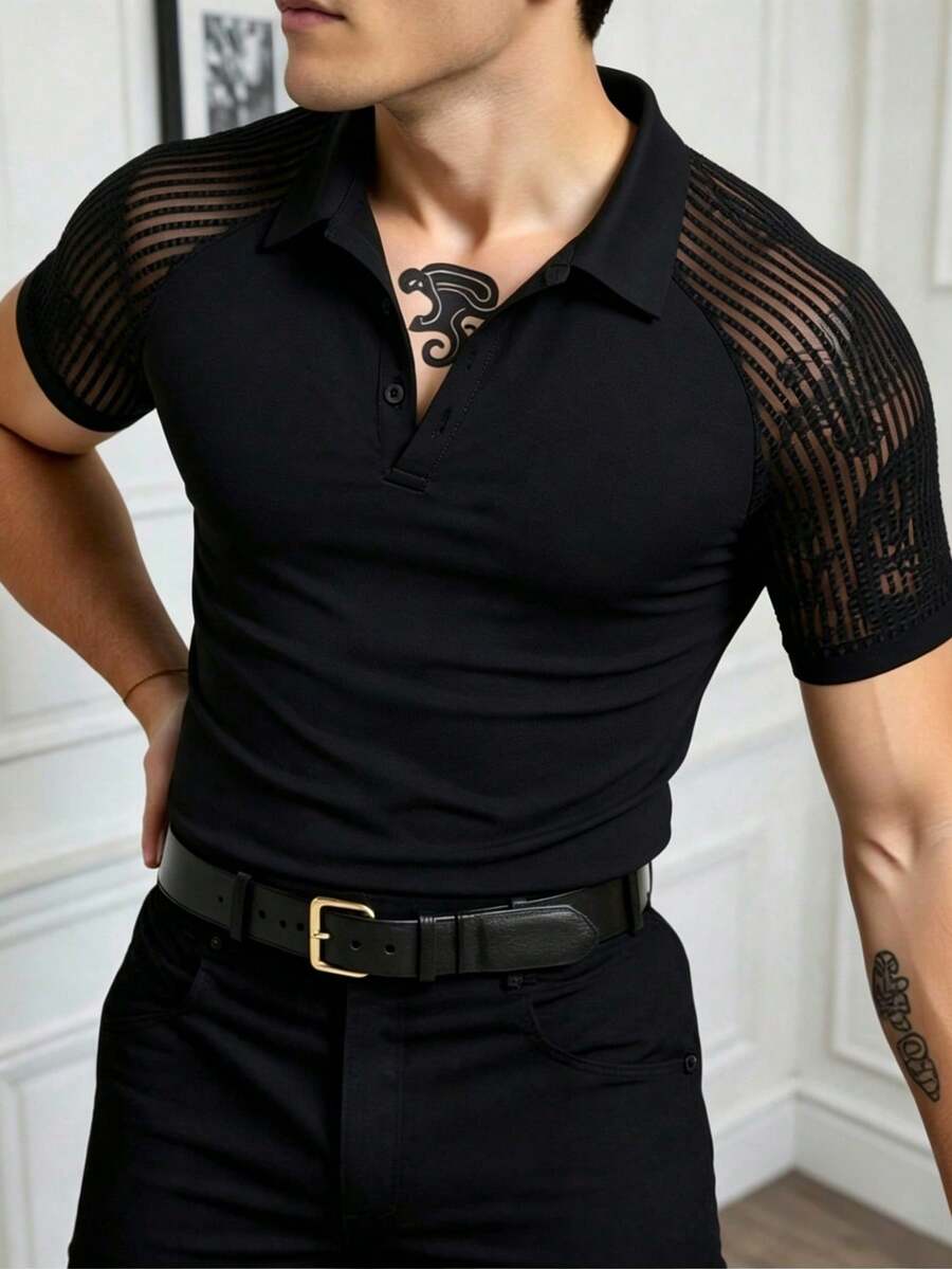 Manfinity CasualCool 男士極簡風半開襟鈕扣蕾絲拼接透視短袖 Polo 衫 - 黑色 - 查看 1