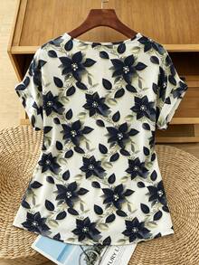 SHEIN Franclia 夏季法式休閒黑色花卉印花短袖襯衫 - 彩色 - 查看 2