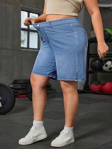 Flexra Plus Size Women's Casual Old Money Style Stretch Straight Leg Denim Shorts - Light Wash - View 5
