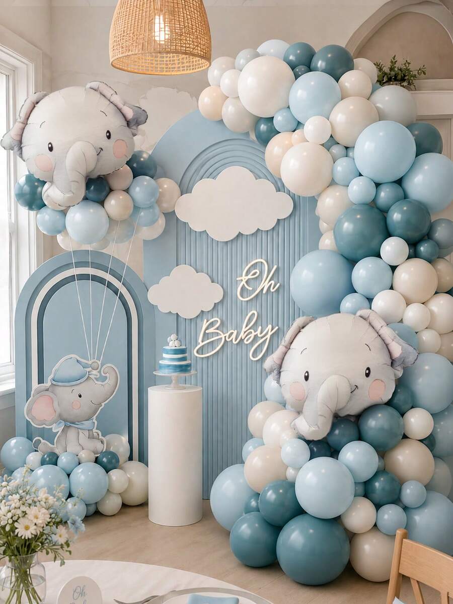 MINKOJA MINKOJA 110 pièces Guirlande de ballons éléphant avec ballon en feuille d'aluminium éléphant, ballons de fête bleu poussiéreux pour décoration de baby shower, anniversaire, révélation de genre, fournitures de fête - Voir 1