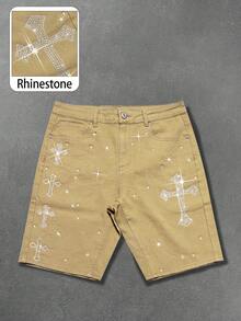 Manfinity EMRG Shorts de mezclilla casuales elásticos con diseño de strass cruzado estilo calle para hombres - Caqui - Ver 1