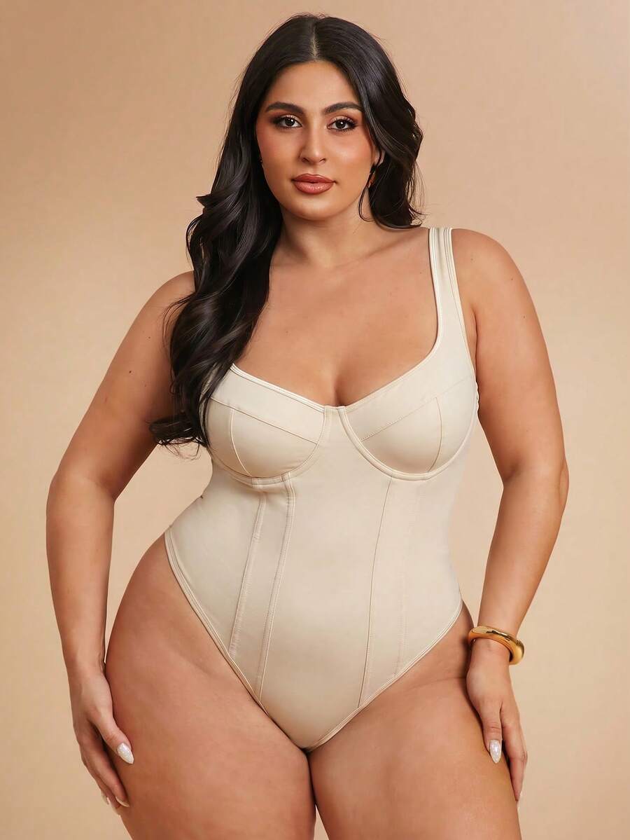 SHEIN BAE Mono de mujer talla grande de unicolor con costuras en espina de pescado y corpiño ajustado - Albaricoque - Ver 1