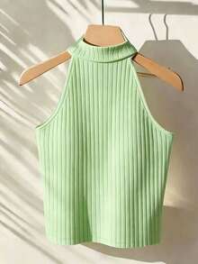 Franclia 女款夏季休閒純色掛脖背心上衣 - 綠色 - 查看 2