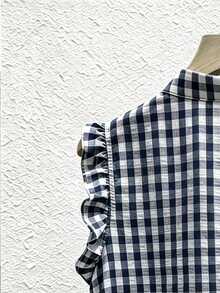 SHEIN Franclia 夏季休閒格紋荷葉邊無袖上衣 - 藏蓝色 - 查看 6