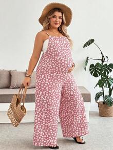 Plussiva Plus Size Maternity Floral Print Spaghetti Strap Loose Jumpsuit - Dusty Pink - View 1