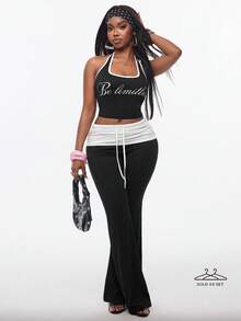 Vadaroq Women Summer 2 Piece Outfit, Halter Crop Top And Fold Over Flare Pants Set, Y2K Streetwear 2000s Black And White All Black Going Out Gym Workout - Black - View 1