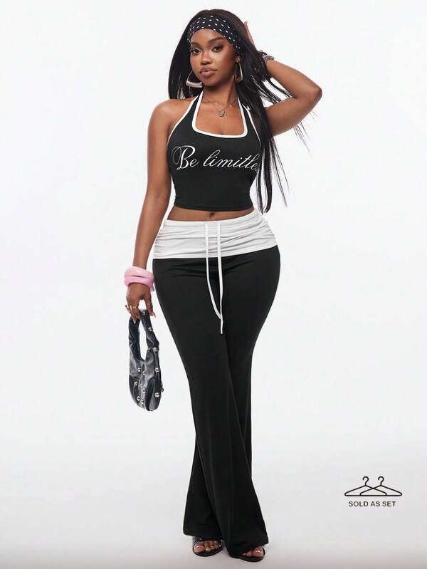 Vadaroq Y2K Letter Print Halter Top & Flare Pants Set, Contrast Trim, Sexy Two Piece Outfit For Women
