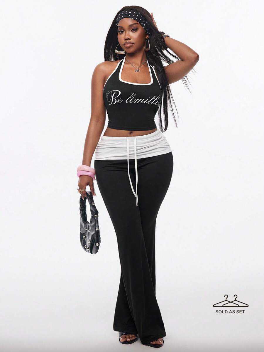 Vadaroq Women Summer 2 Piece Outfit, Halter Crop Top And Fold Over Flare Pants Set, Y2K Streetwear 2000s Black And White All Black Going Out Gym Workout - Black - View 1