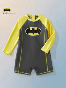 Maija Kids BATMAN X SHEIN 兒童小男孩春夏修身長袖拼色連身泳衣短褲，聯名款白色 - 彩色 - 查看 4