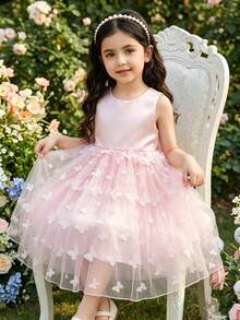 SHEIN Glamorique Kids 女童公主裙，花童礼服，生日派对婚礼节日正式礼服，缎面面料，无袖，粉色，多层薄纱裙摆饰有蝴蝶结，中东和欧洲风格蝴蝶结系带后背 - 粉色 - 查看 9
