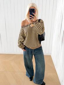 SHEIN EZwear 女款休閒條紋長袖針織衫，秋冬款 - 彩色 - 查看 5
