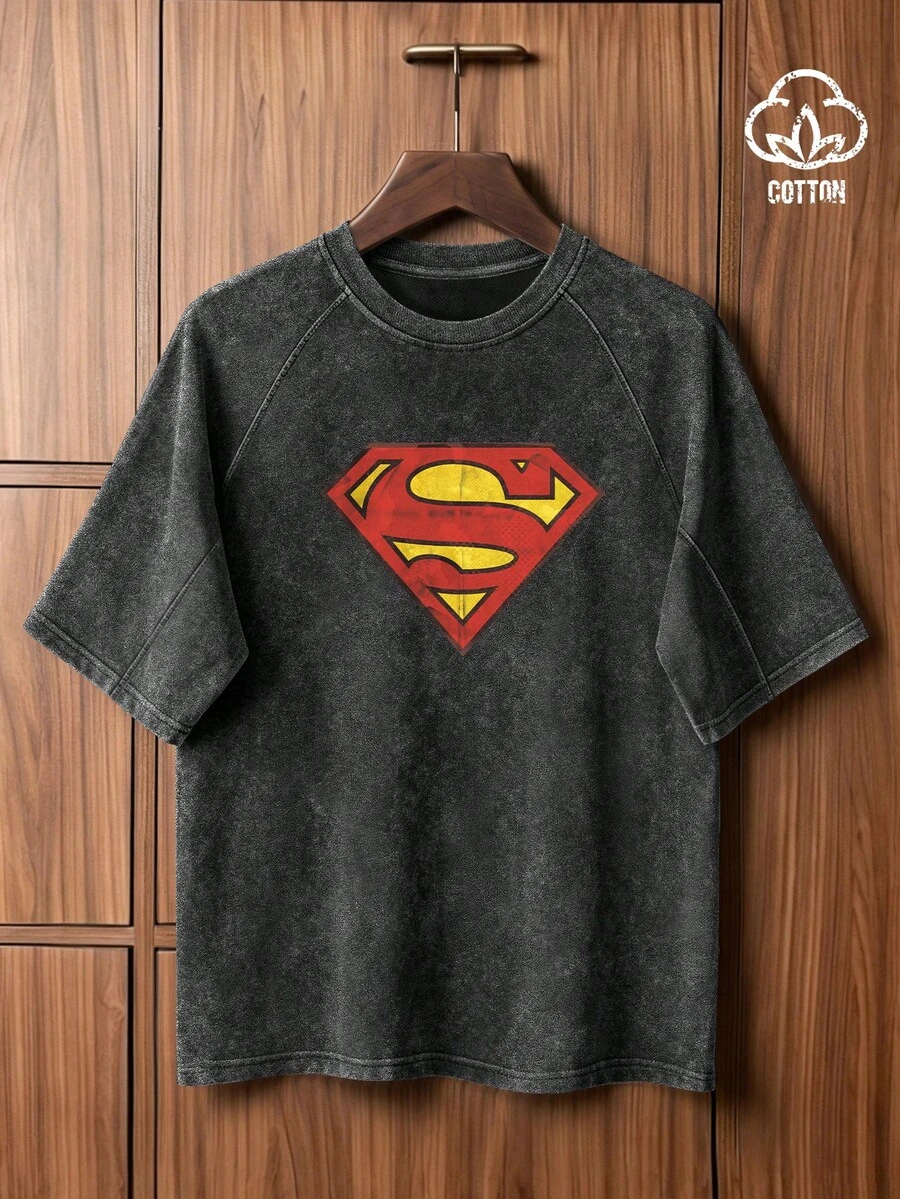 SUPERMAN X SHEIN TOKVUE Kaos Kasual Pria Musim Panas Motif Geometris, Liburan - Hitam - View 1