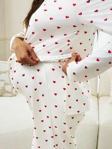 Slowluna Maternity Heart Print Side Slit Hem Long Sleeve Top And Adjustable Waist Long Pants Casual 2 Pieces Set Fall,Autumn Outfit For Women - White - View 4