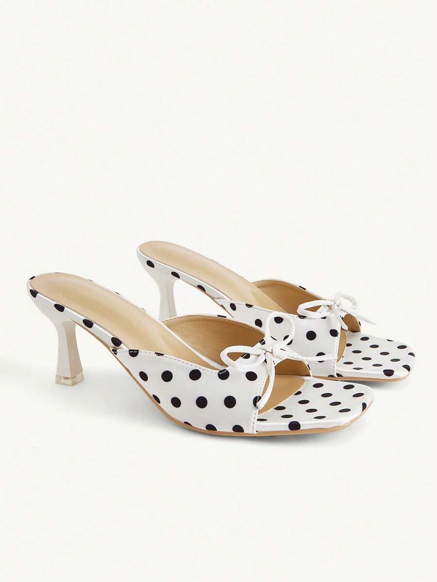CUCCOO CHICEST Retro Polka Dot Square Toe High-Heeled Sandals, Bow Outside Wearing Temperament Shoes Women - White - View 1