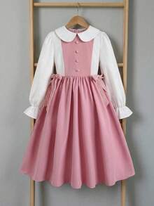 Tween Girl Back To School Outfit, Fitted Pink & White Patchwork Long Sleeve Dress With 3D Bow Decor, Turn-Down Collar, Open Front, Vintage Preppy Style, Exquisite Pink & White Plaid With Large 3D Bow, Casual School Shirt Dress For Tween Girl - Pink - View 4