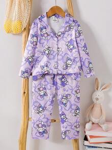 SHEIN 女童夏季新款紫色睡衣套裝，甜美仙女公主可愛卡通愛心圖案長袖上衣與長褲 2 件組居家服，適合生日禮物 - 彩色 - 查看 4