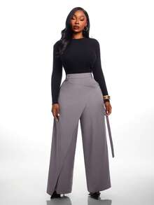 Radiana Plus Size Women's Autumn/Winter Fashion Elegant Versatile New 2 In 1 Design Grey Long Pants, Suitable For Commuting, Office, Workplace Fall - Grey - View 4