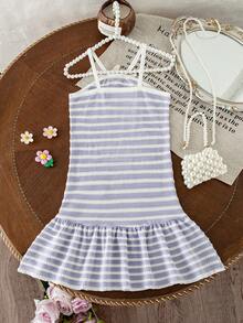 SHEIN Elladie kids 少女 YK2 夏季韓系新時尚甜美細肩帶露背彩虹條紋可愛度假洋裝 - 紫色 - 查看 2