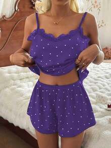 CottageSlumber Women's Knit Ribbed Heart Print Contrast Lace Trim Romantic Sweet Cute Sexy Camisole & Shorts Pajama Set - Violet Purple - View 6