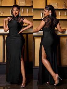 Maweii Vestido Cheongsam Modificado Estilo Chinês Novo Plus Size, Vestido Maxi Bodycon Slim Fit com Gola Alta, Botão de Sapo, Renda Preta Transparente e Patchwork, Estilo Sexy Hot Girl, Cheongsam Modificado para Uso Diário, Ajuste Emagrecedor - Preto - Visão 1