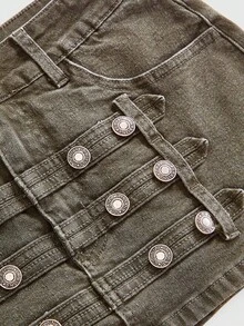 ROMWE Grunge Punk Punk Cavalry Button Design Ultra Low Waist Mini Bodycon Denim Skirt - Army Green - View 4